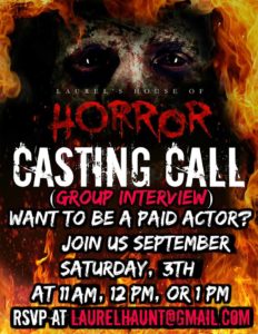 Laurel's House of Horror and Escape Room - Auditions for Actors - September 3rd (11AM - 1PM)